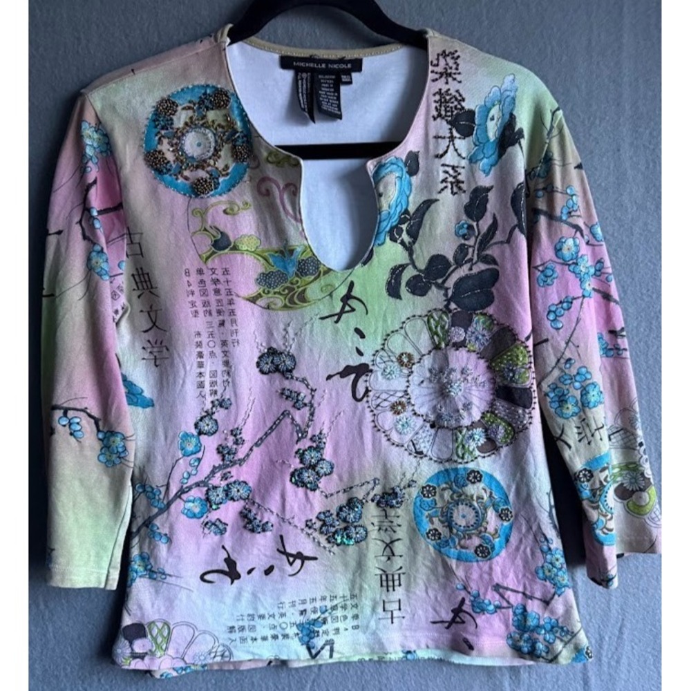 Michelle Nicole Top Women XL Multicolor 3/4 Sleeve Scoop Neck Graphic Preppy